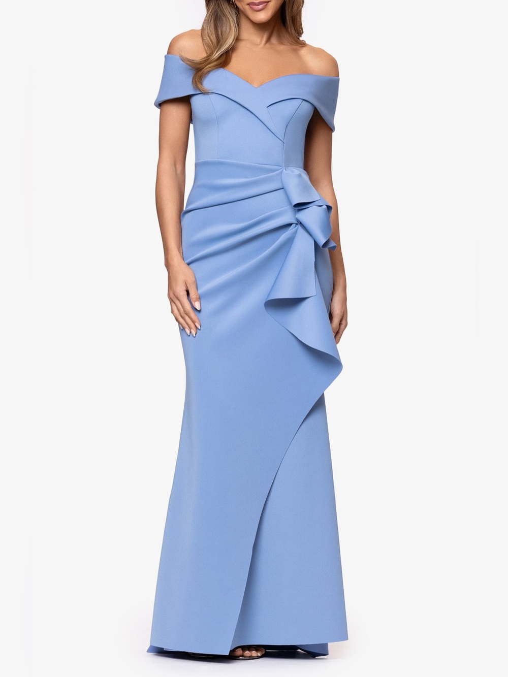 Xscape Off the Shoulder Ruffle Scuba Crepe Gown Size 6 BNWT
